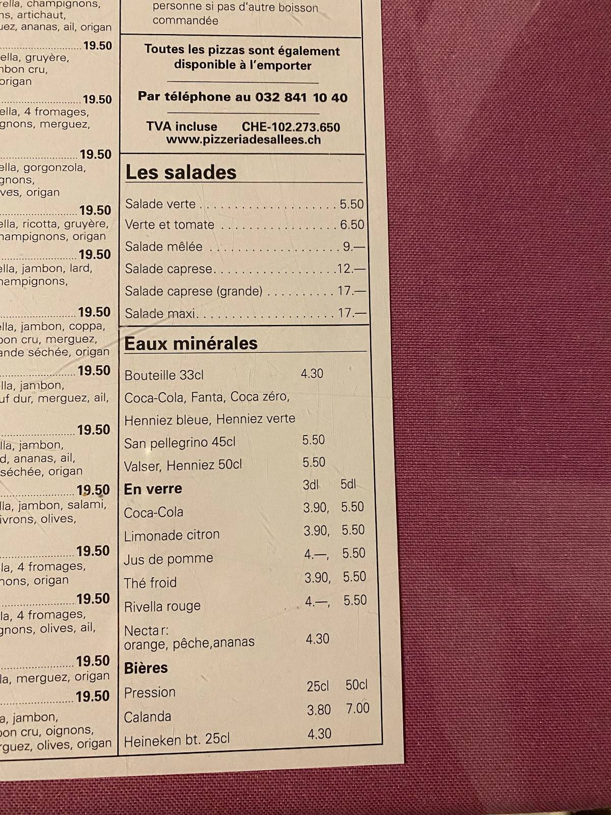 Menu di Pizzeria des Allées 