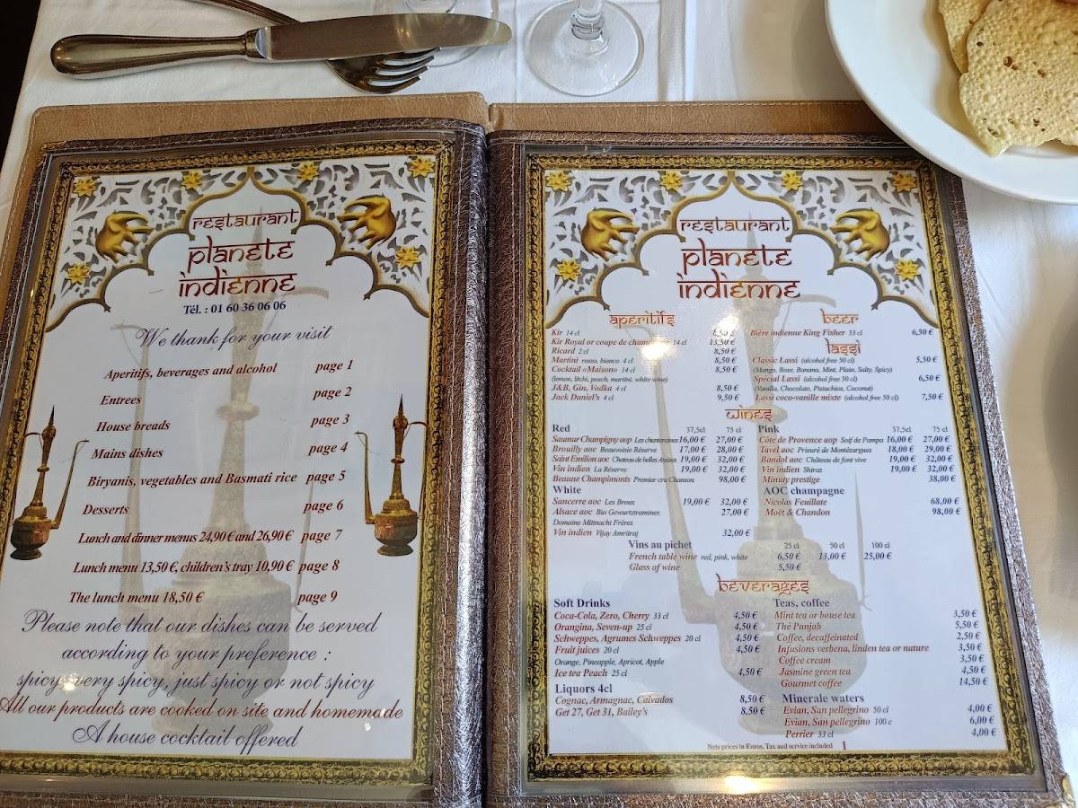 Menu de Restaurant Planète indienne since 1998