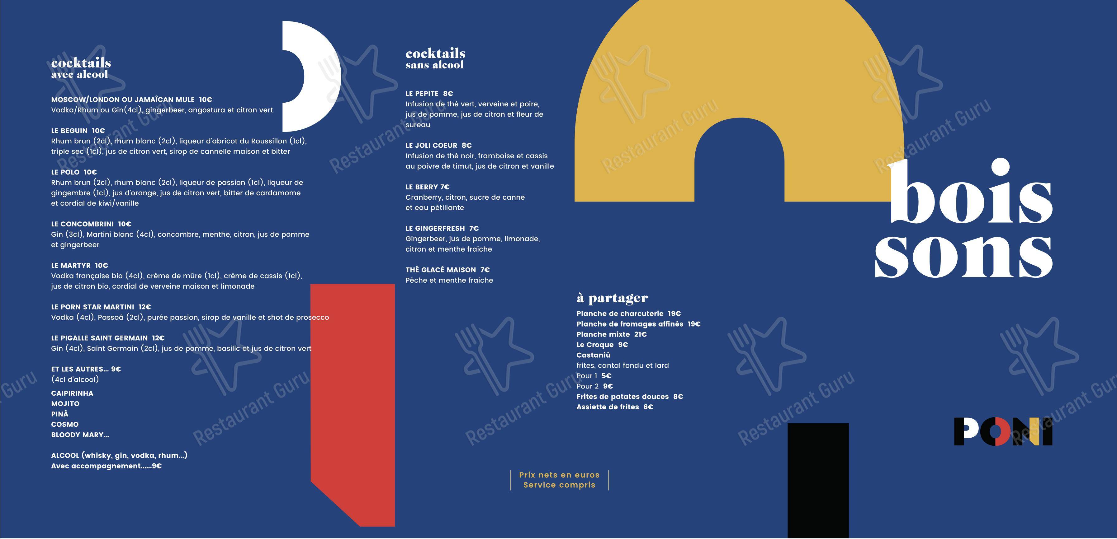 Menu bar pour Poni pub et bar