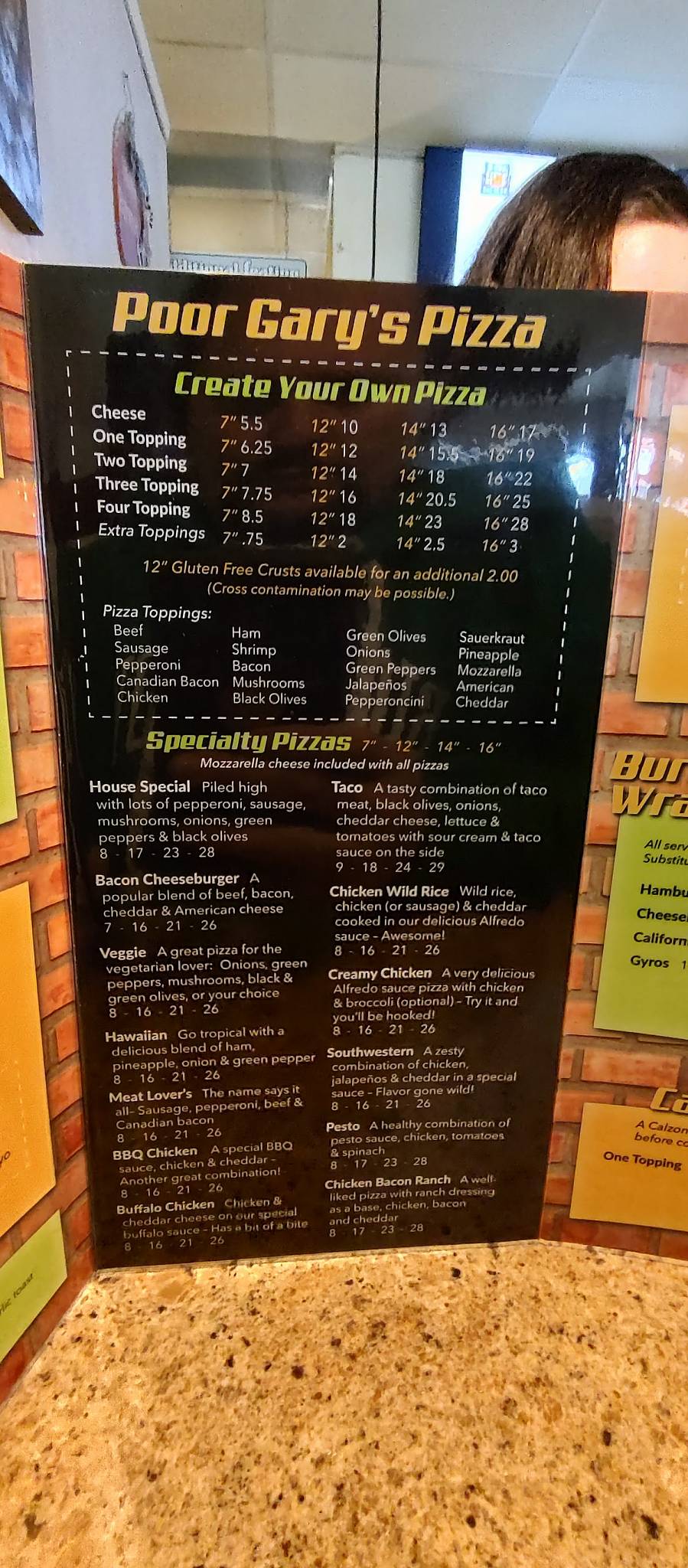 Menu at Poor Gary's Pizza pizzeria, Moose Lake