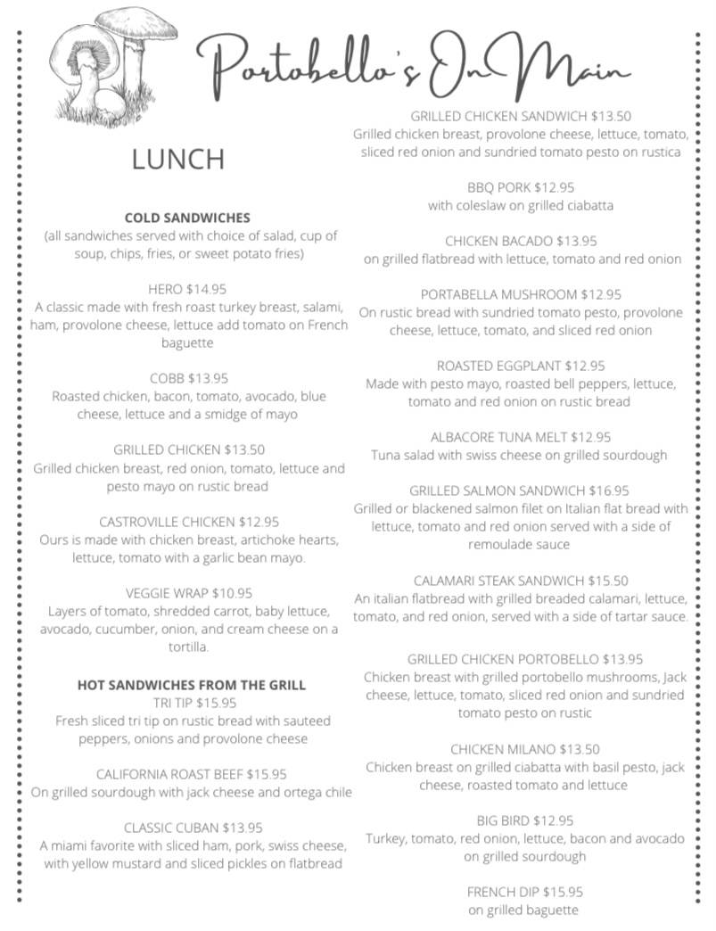 Menu at Portobello's on Main restaurant, Salinas, 150 Main St 116