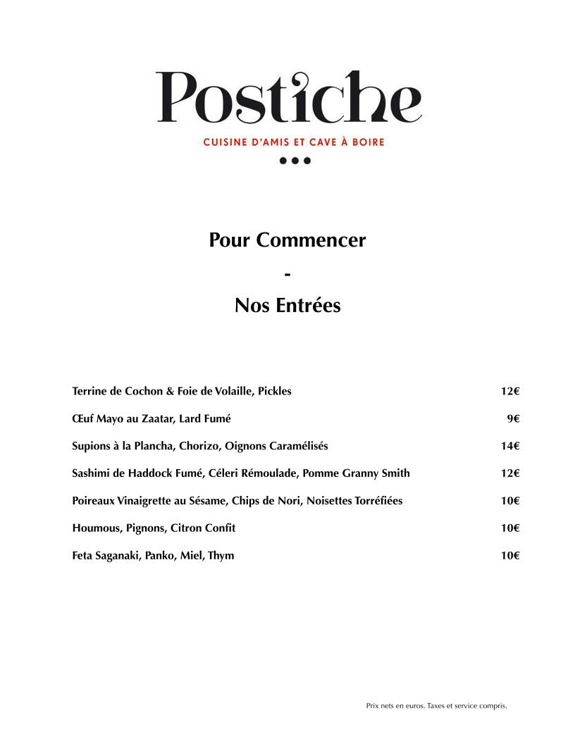 Menu de Postiche Bistrot