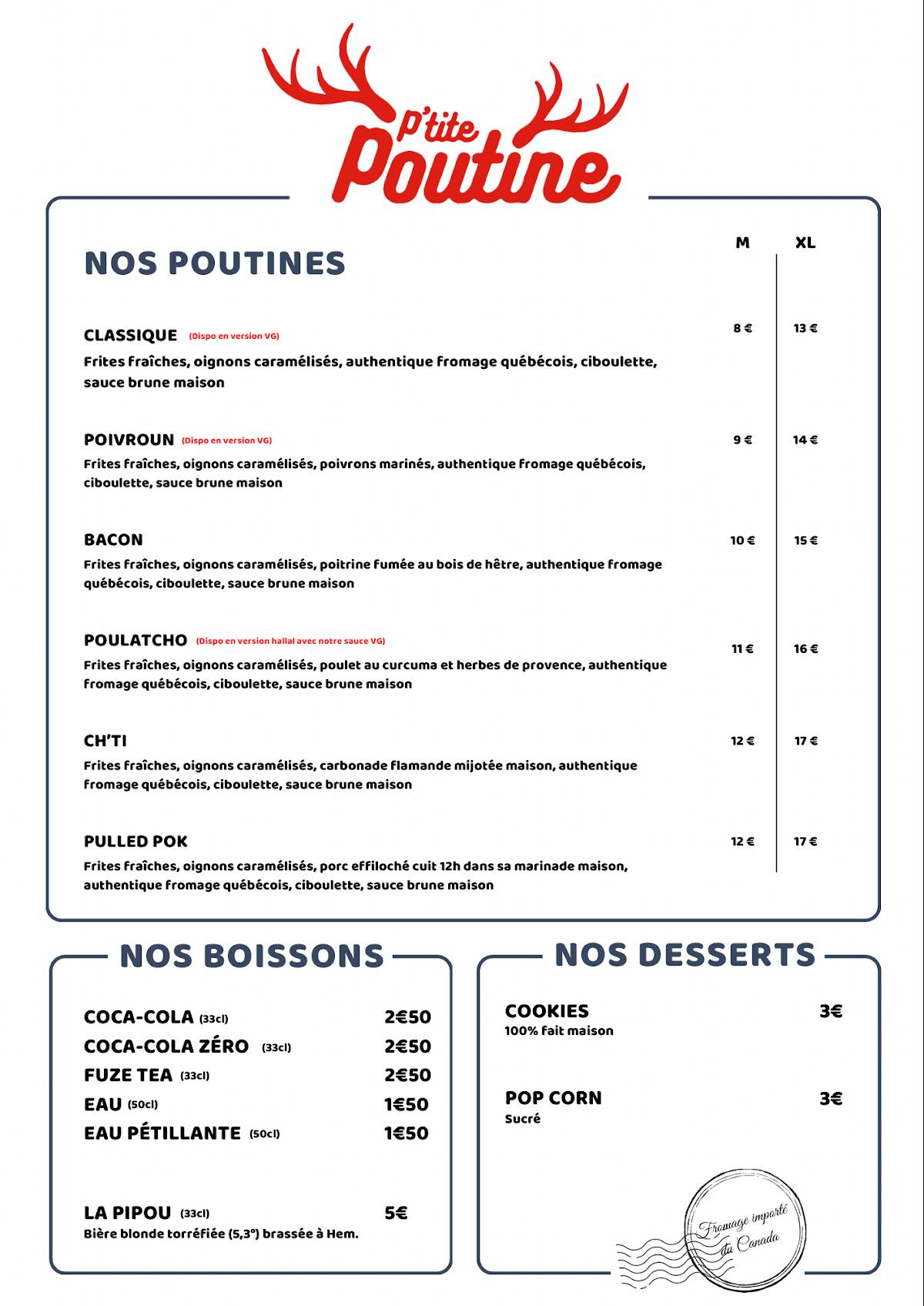 Menu de P'tite Poutine