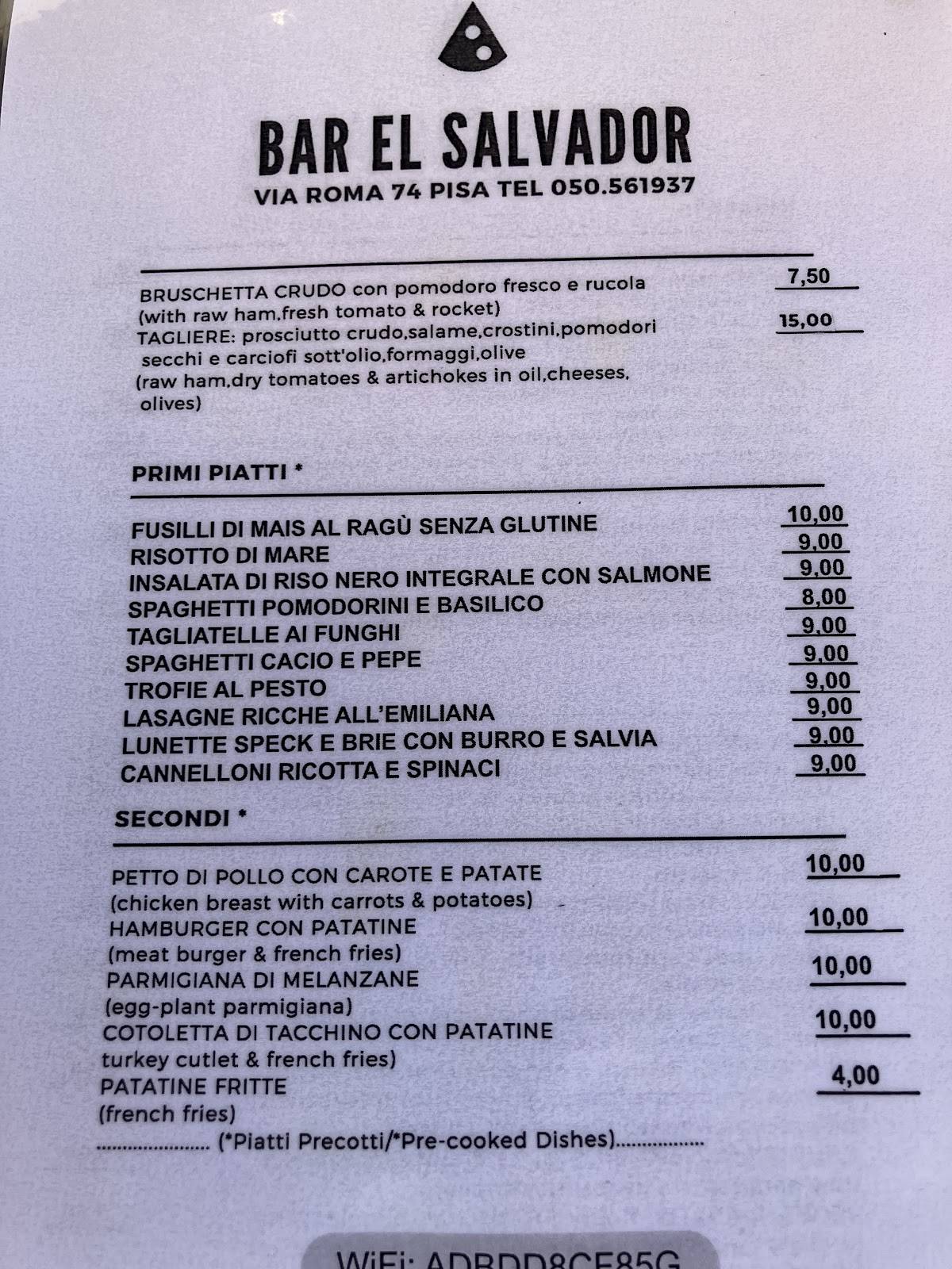 Menu di Bar El Salvador Pisa 