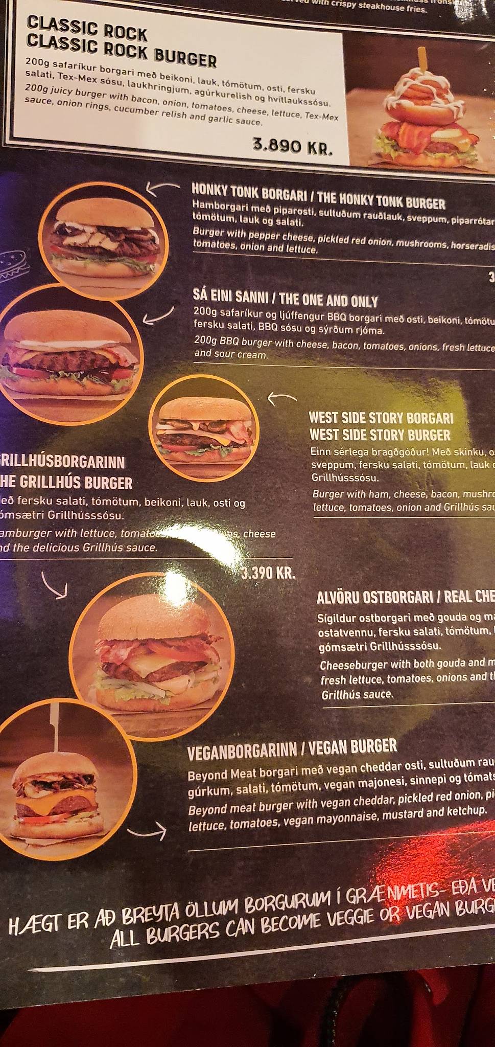 Menu de Grillhúsið á Sprengisandi