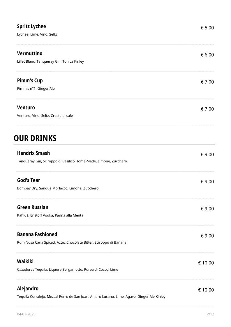 Menu di HENDRIX BAR 
