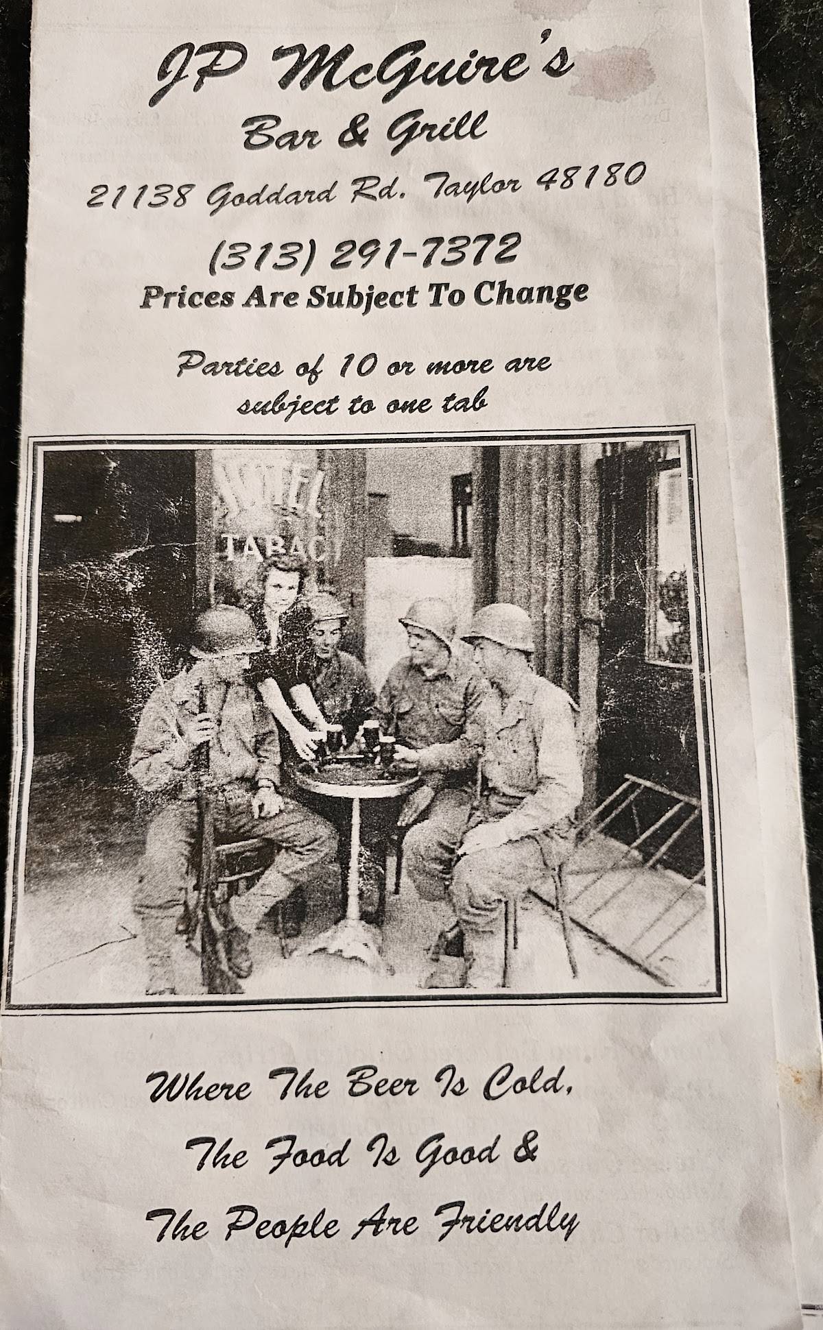 Menu at JP McGuire's Bar and Restaurant, Taylor