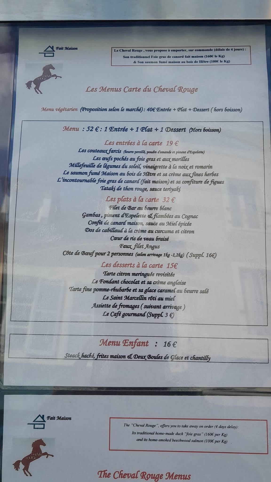 Menu de Le Cheval Rouge