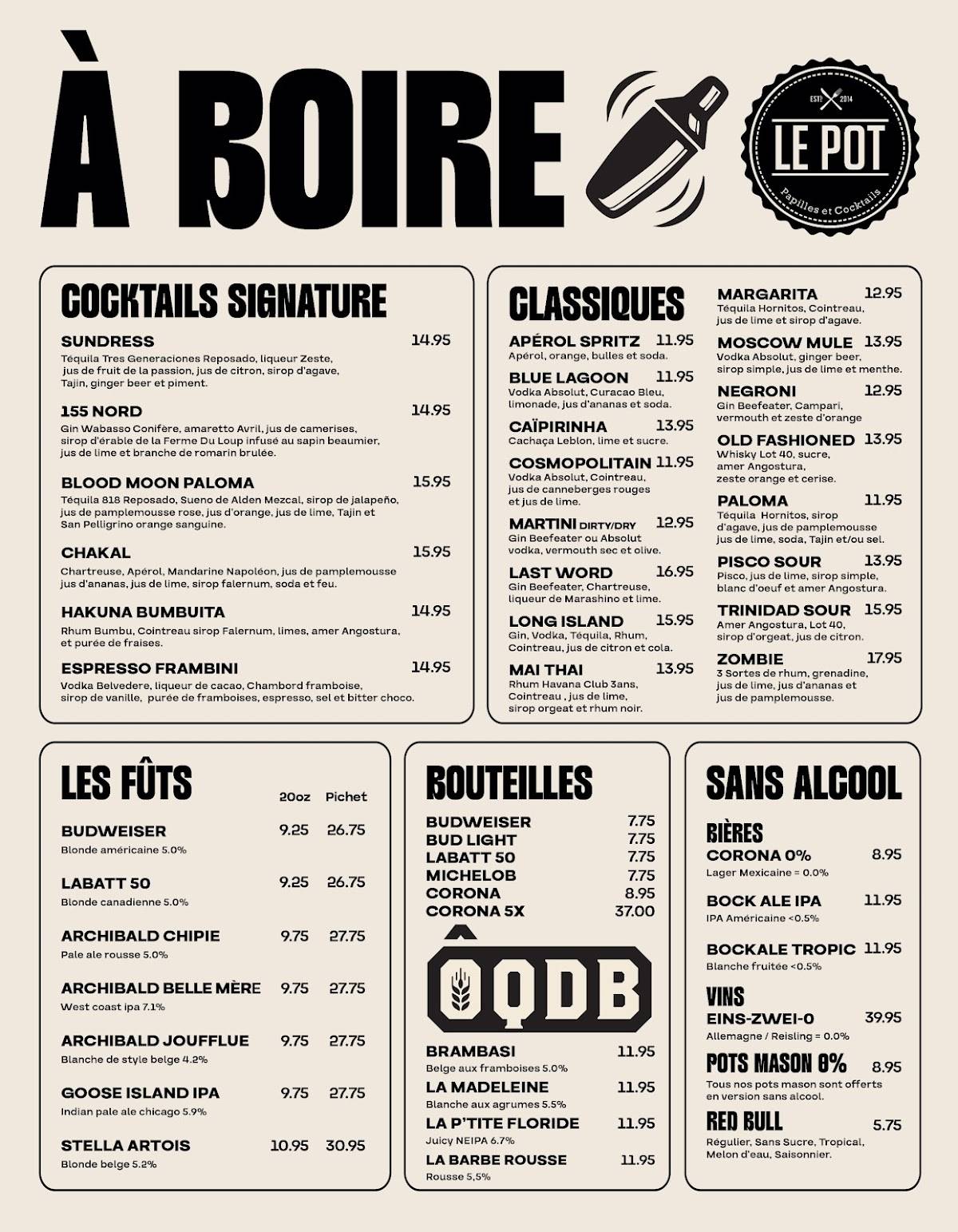 Menu de Le Pot Papilles et Cocktails