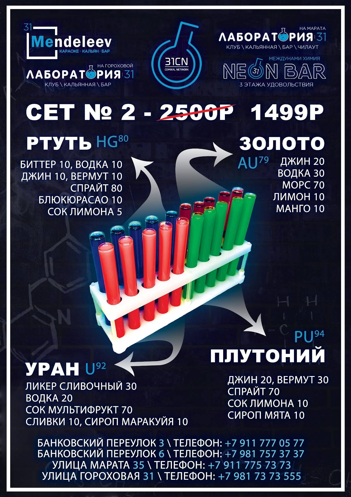 Меню клуба Неон, Санкт-Петербург, Банковский переулок