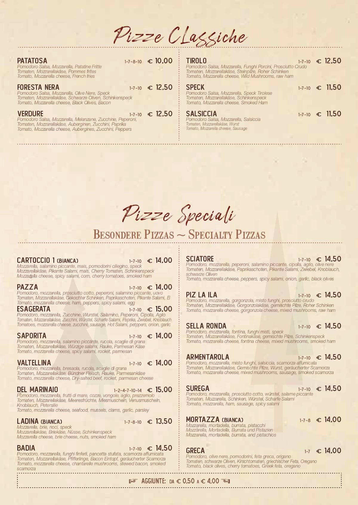Menu di RISTORANTE PIZZERIA SKI BAR SAN CASSIANO 