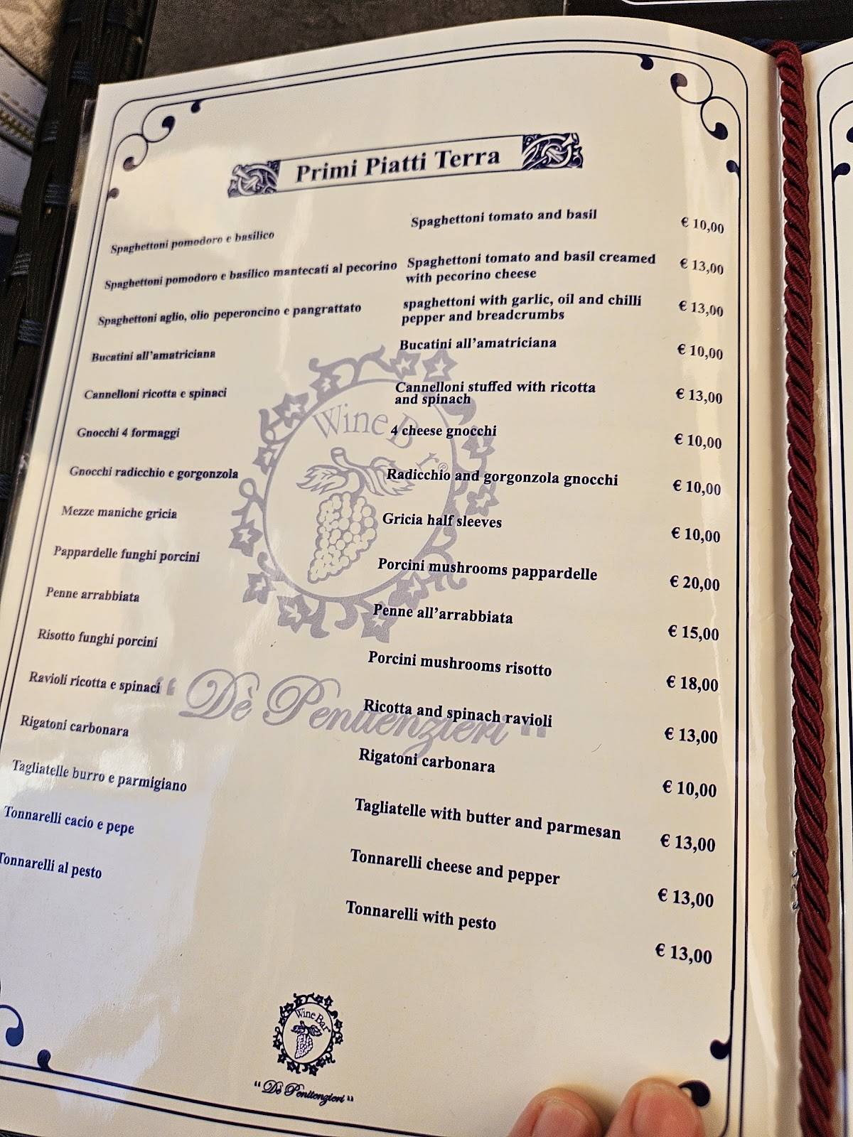 Menu di Wine Bar De' Penitenzieri 