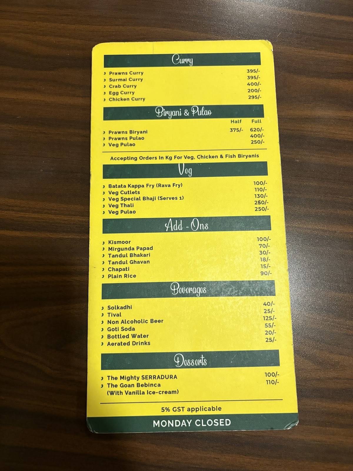 Vernekars' Goan Fish Curry menu