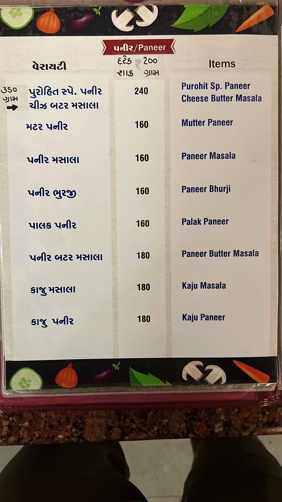 Purohit Dhaba menu