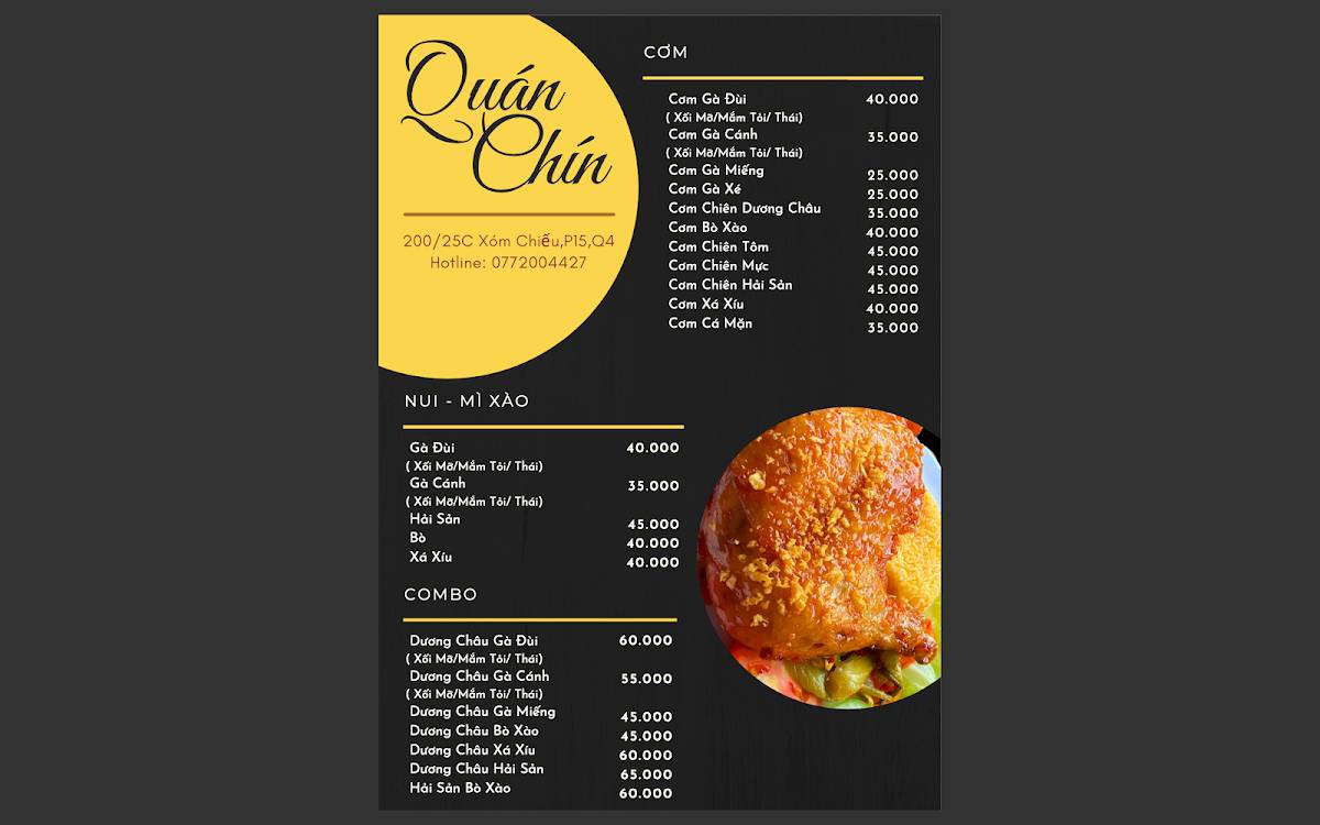 Menu at Quán Chín - Cơm Gà Xối Mỡ restaurant, Ho Chi Minh City