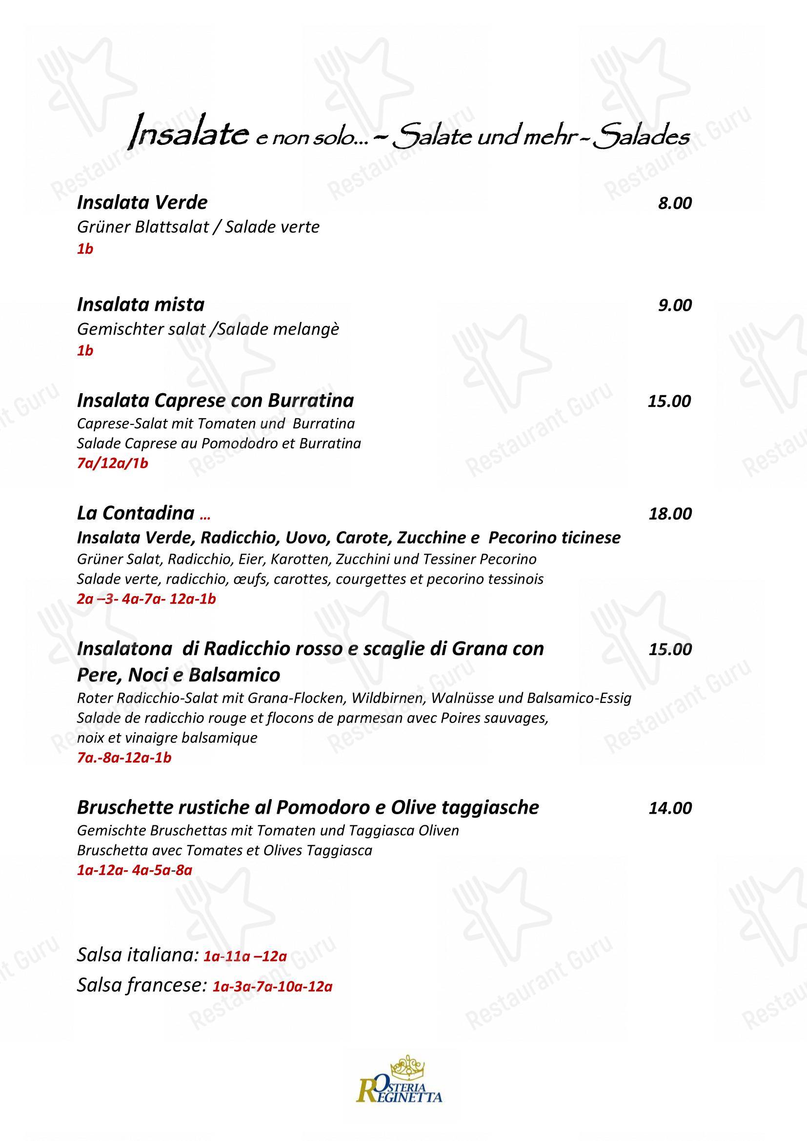 Menu per Osteria Reginetta in Locarno