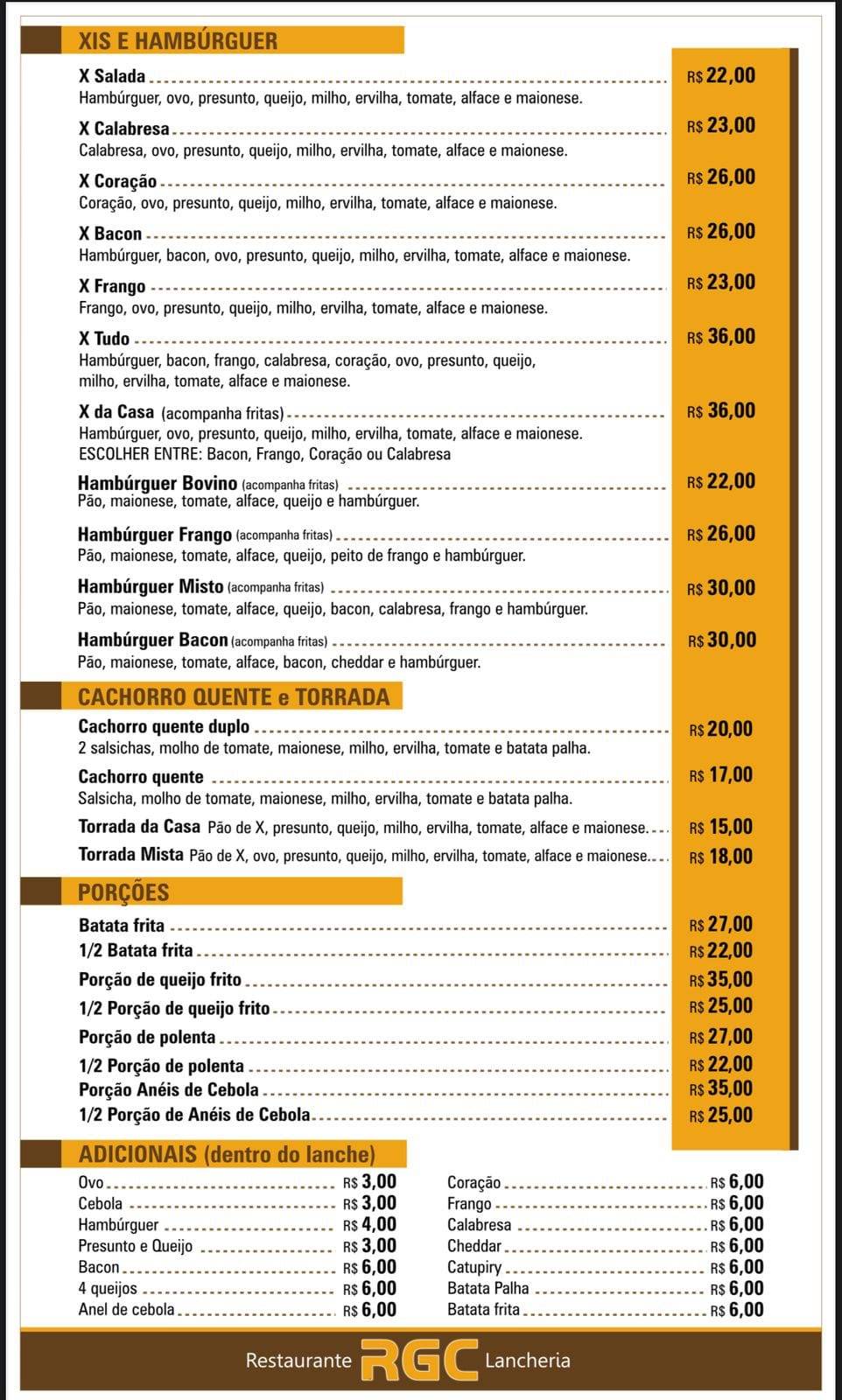RGC Lancheria e Restaurante cardápio