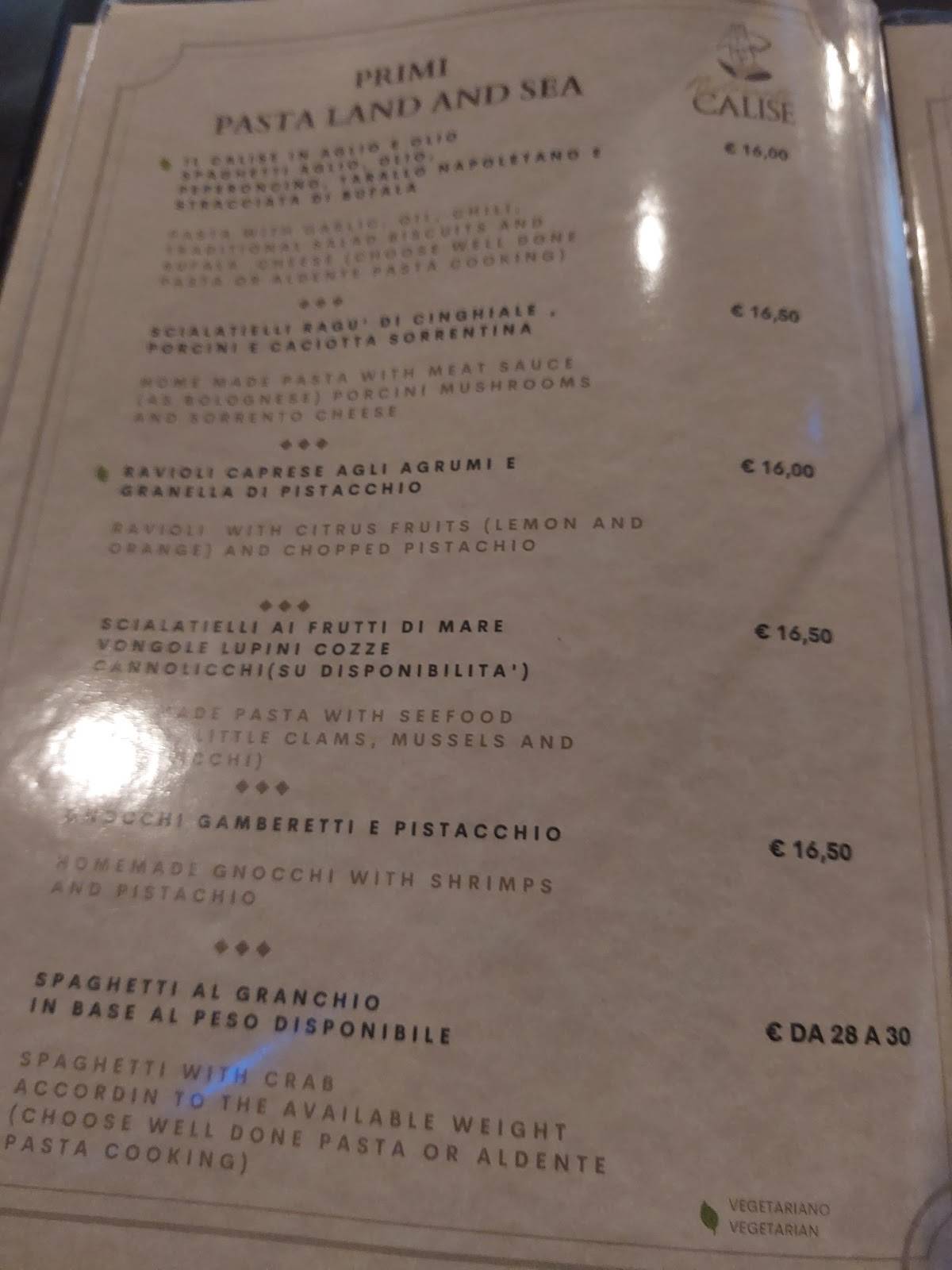 Menu di RISTORANTE PIZZERIA CALISE 