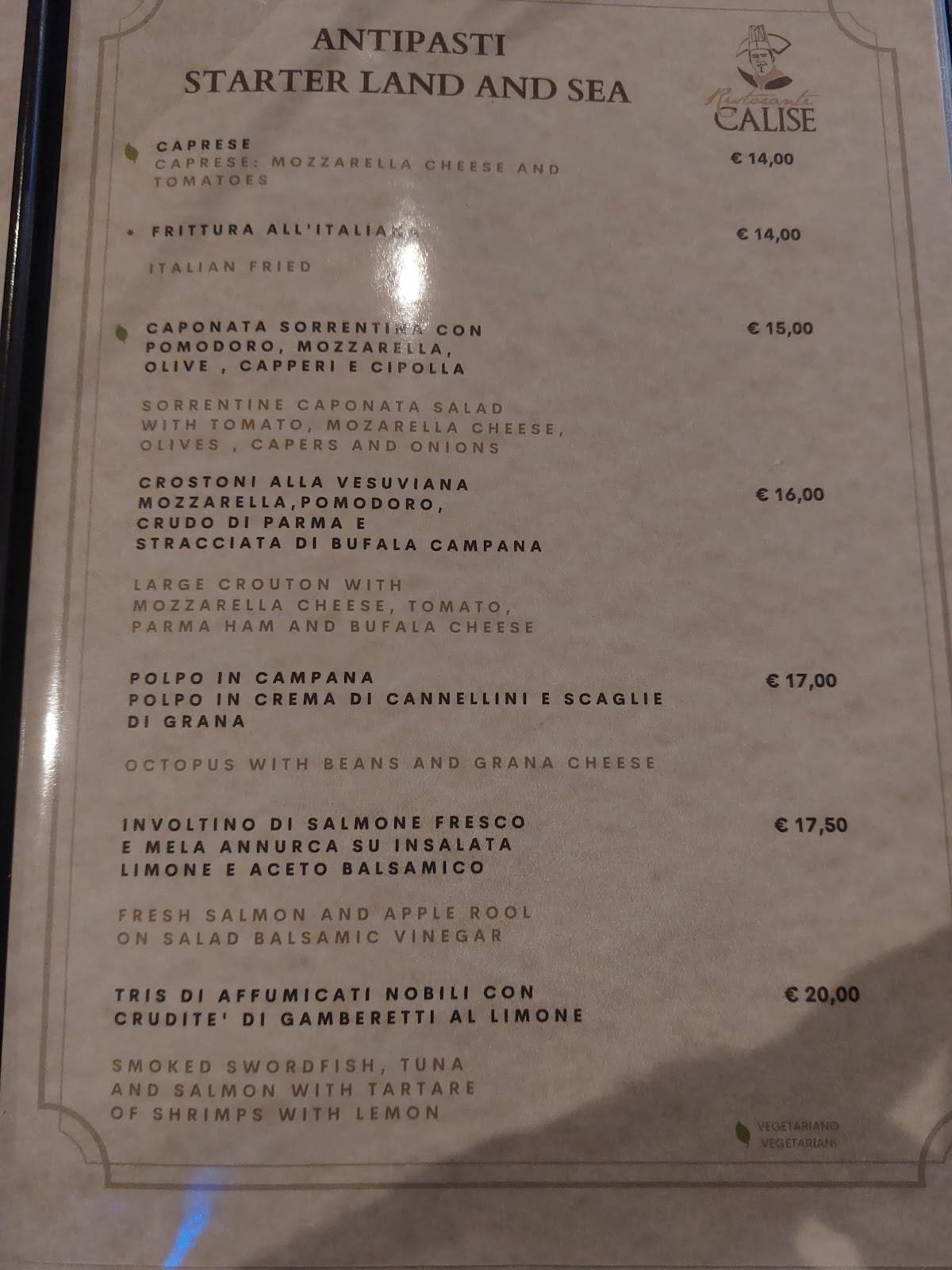 Menu di RISTORANTE PIZZERIA CALISE 