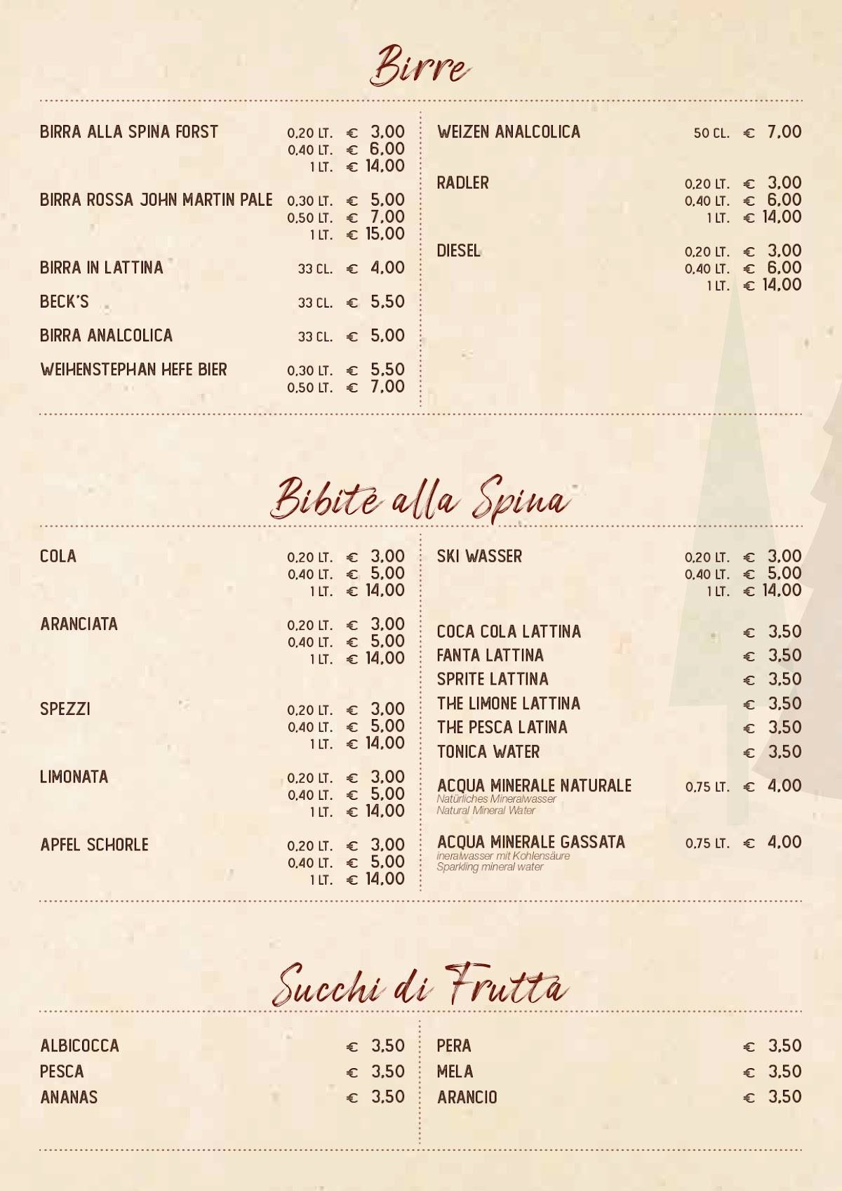 Menu di RISTORANTE PIZZERIA SKI BAR SAN CASSIANO 