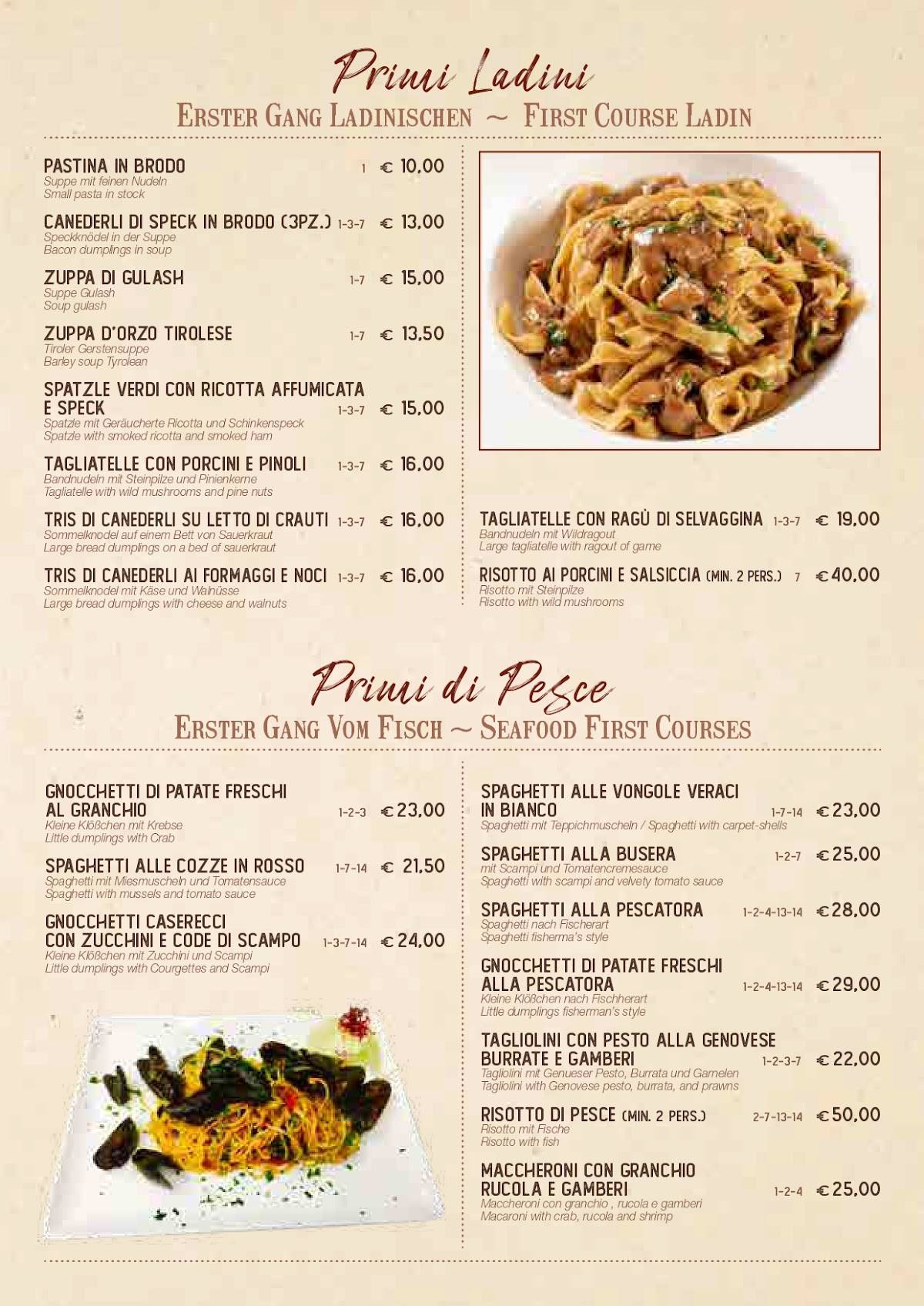 Menu di RISTORANTE PIZZERIA SKI BAR SAN CASSIANO 
