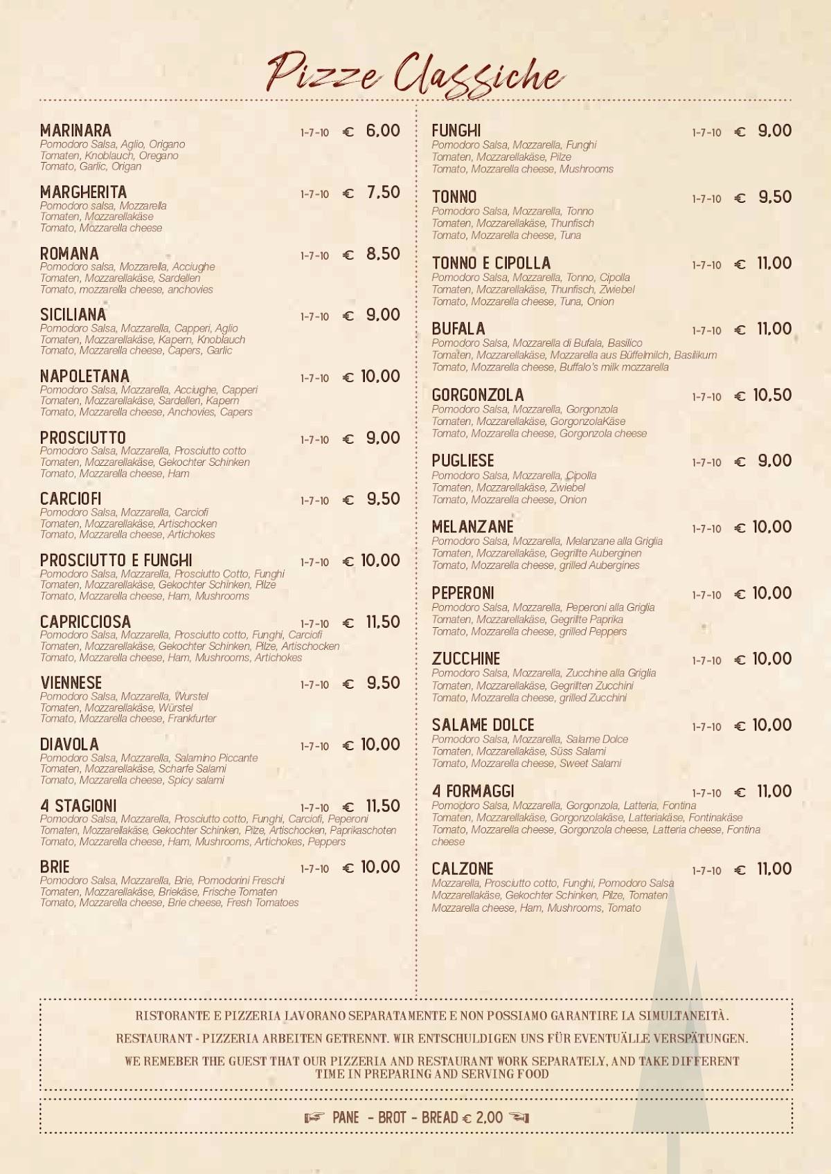 Menu di RISTORANTE PIZZERIA SKI BAR SAN CASSIANO 