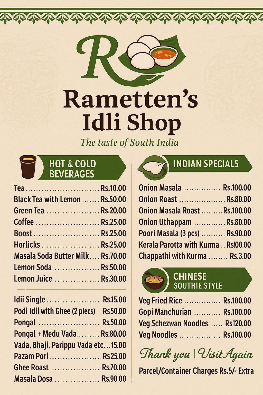 Ramettens Idli menu