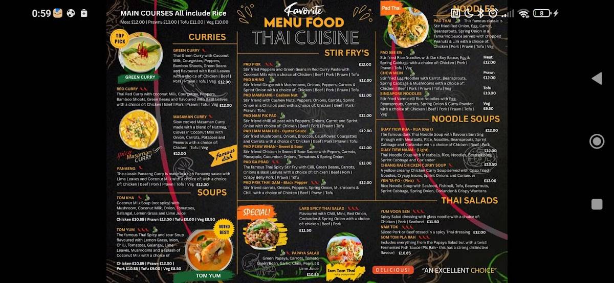 Menu at Pad Thai cafe, Rotherham