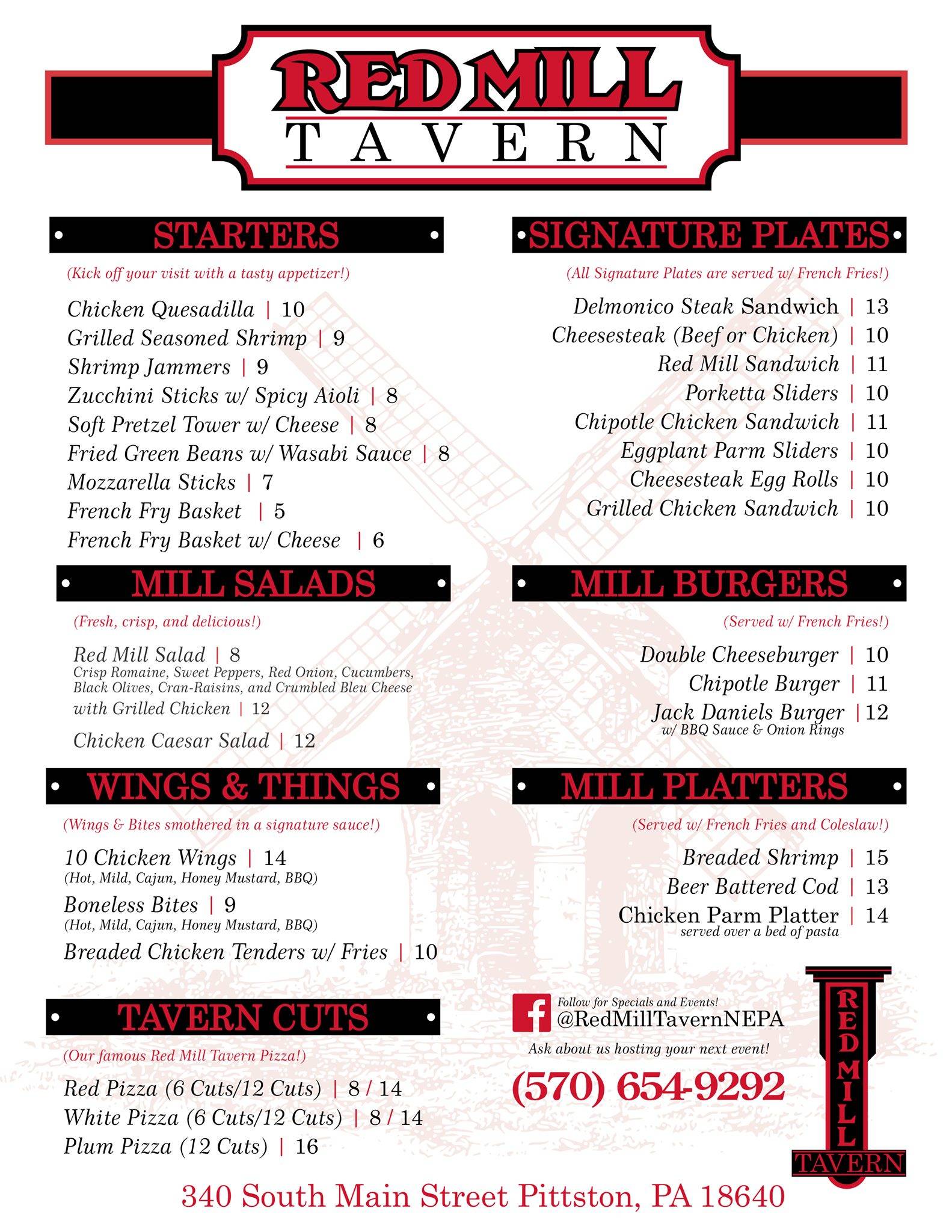Menu at Red Mill pub & bar, Pittston