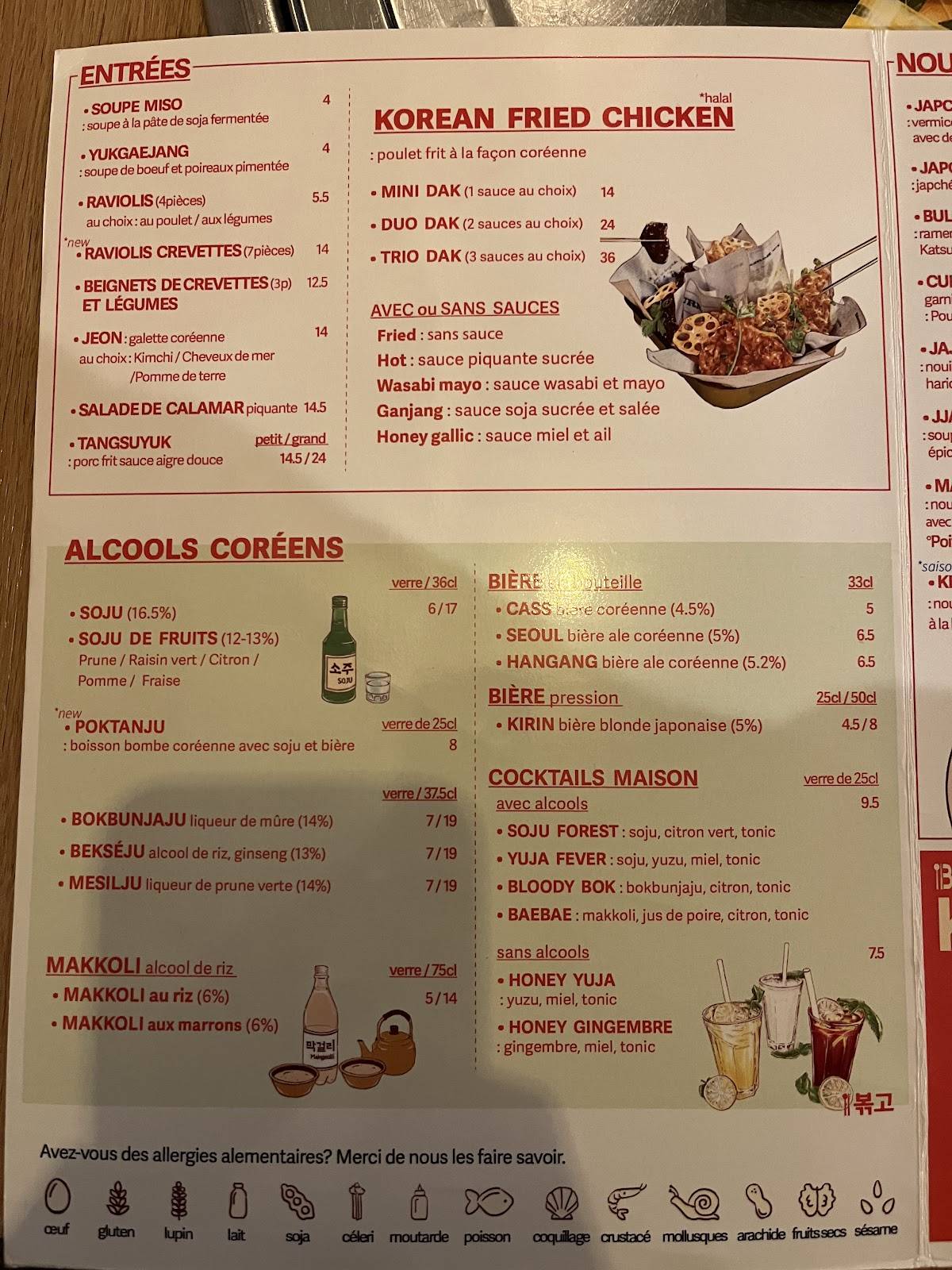 Menu de Restaurant coréen BOKKO