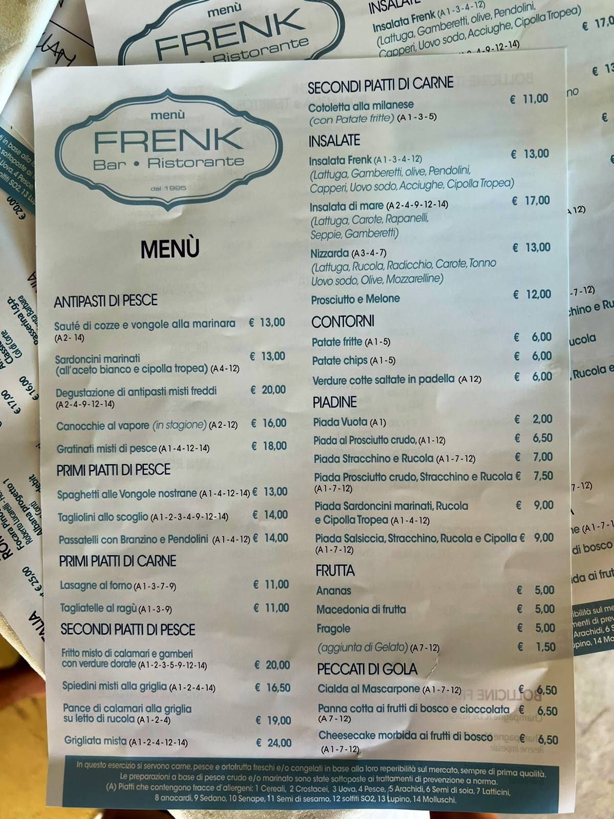 Menu di Bar Ristorante Frenk 