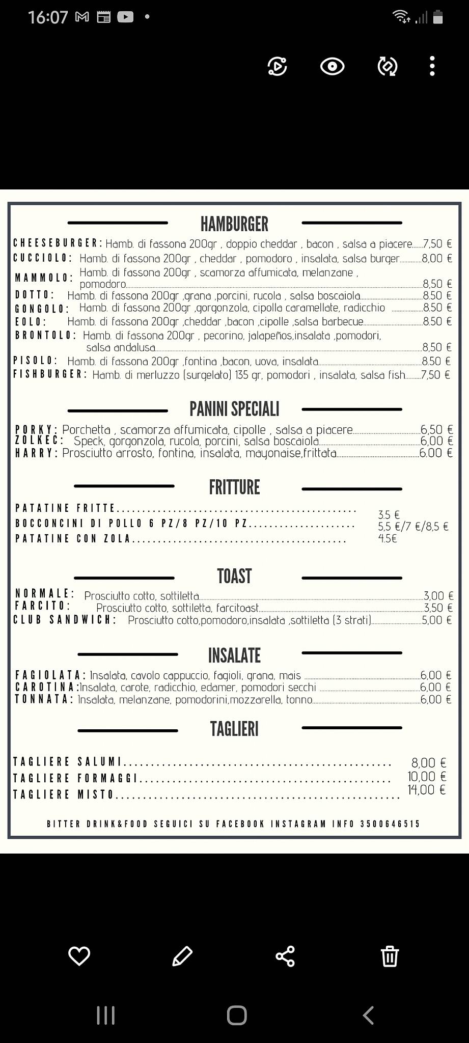 Menu di BiTTER Hamburger&Birreria 