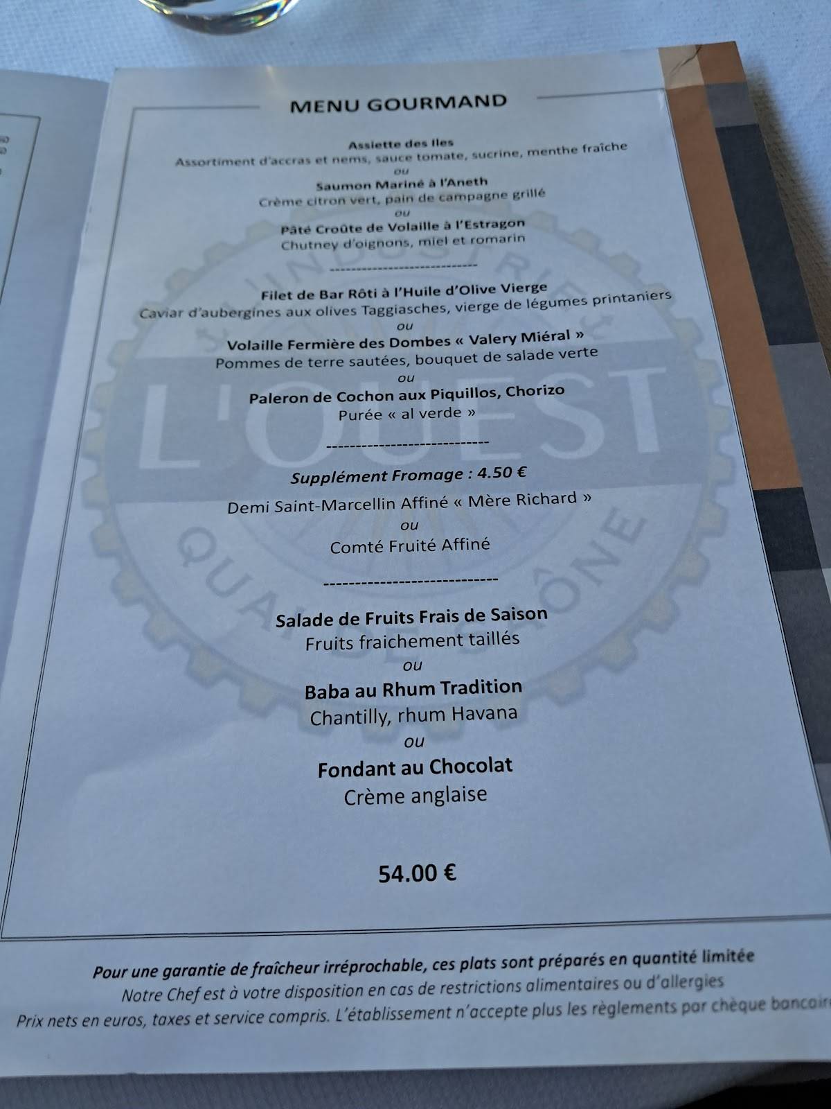 Menu de Brasserie L'Ouest - Bocuse