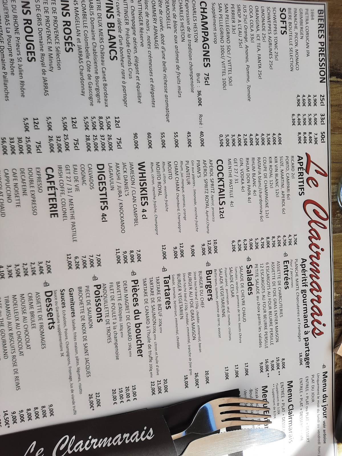 Menu de Brasserie Le Clairmarais