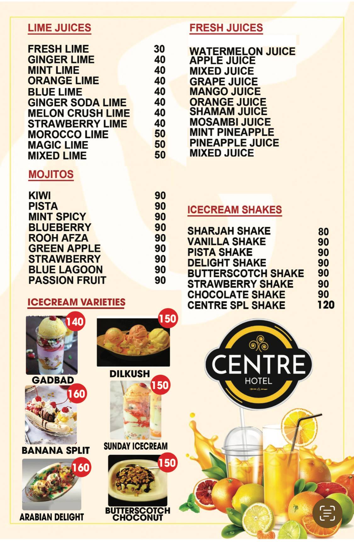 CENTRE HOTEL (Family Restaurant) menu
