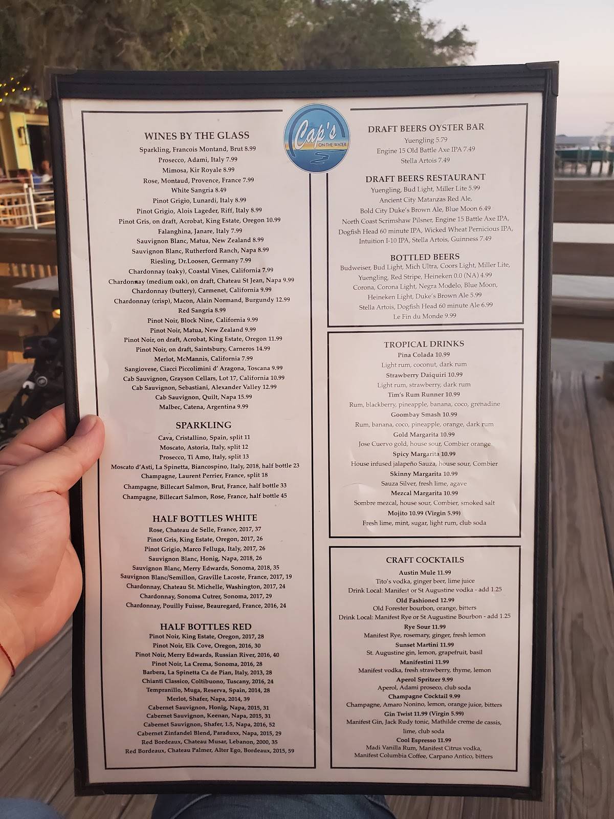 Menu at Cap's On the Water restaurant, Vilano Beach, Myrtle St