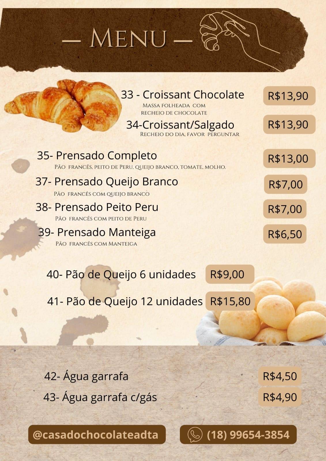 Casa do Chocolate e Cafeteria cardápio