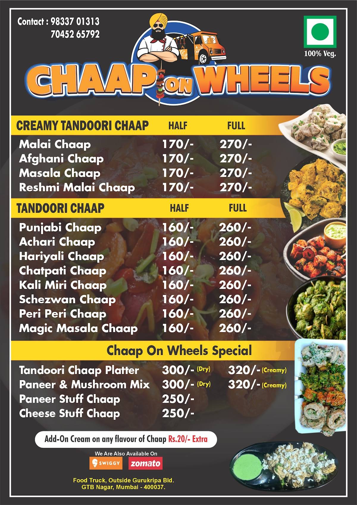 Chaap On Wheels menu