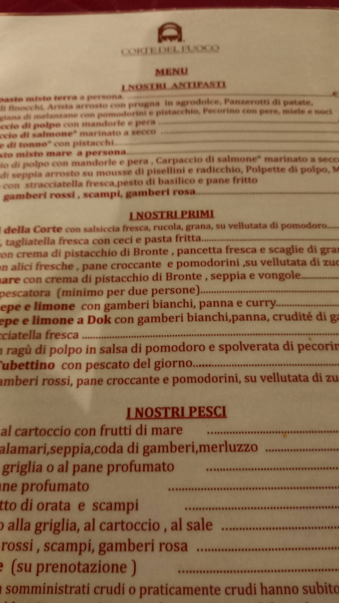 Menu di Corte del Fuoco 