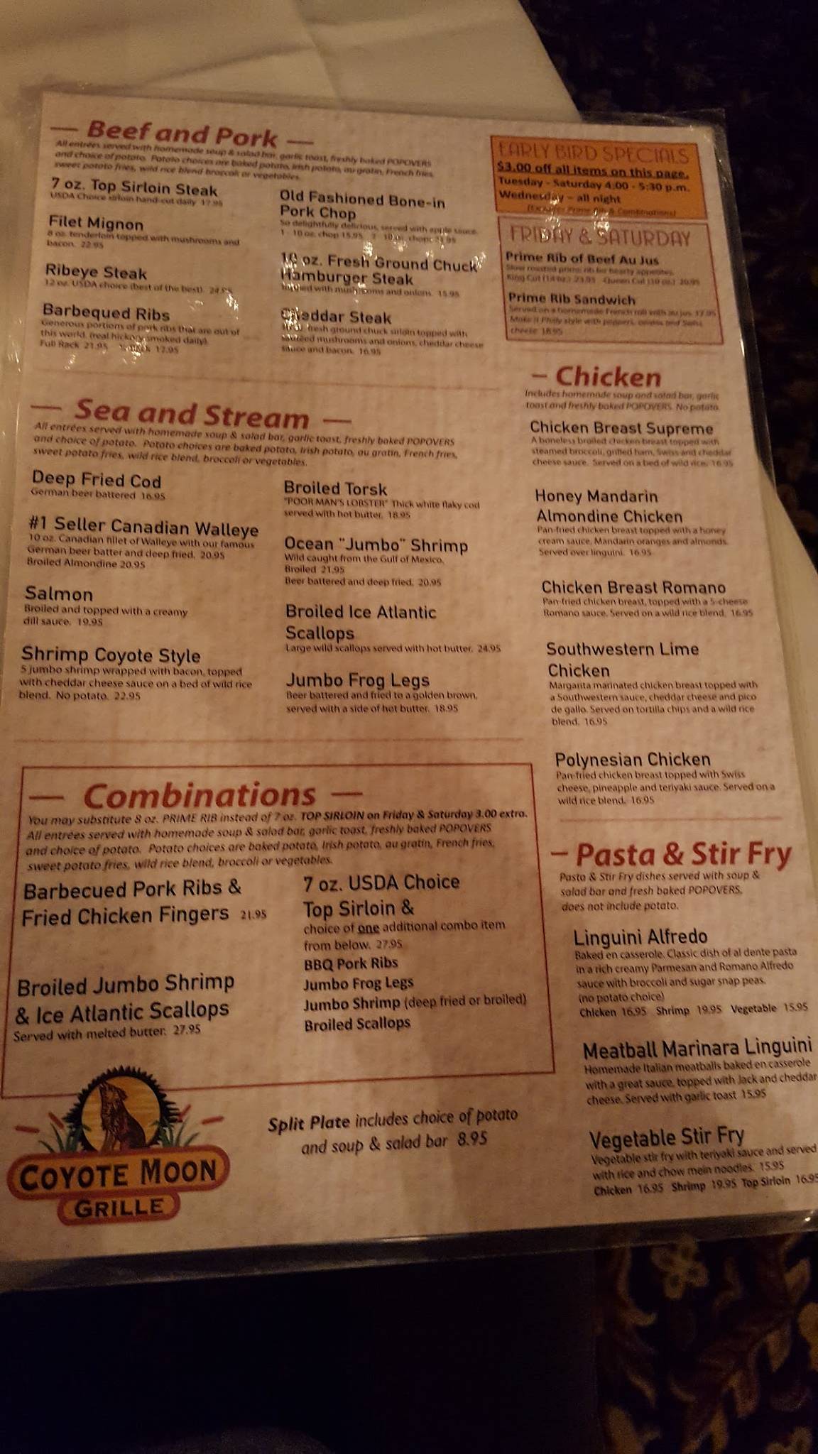 Menu at Coyote Moon Grille restaurant, St. Cloud