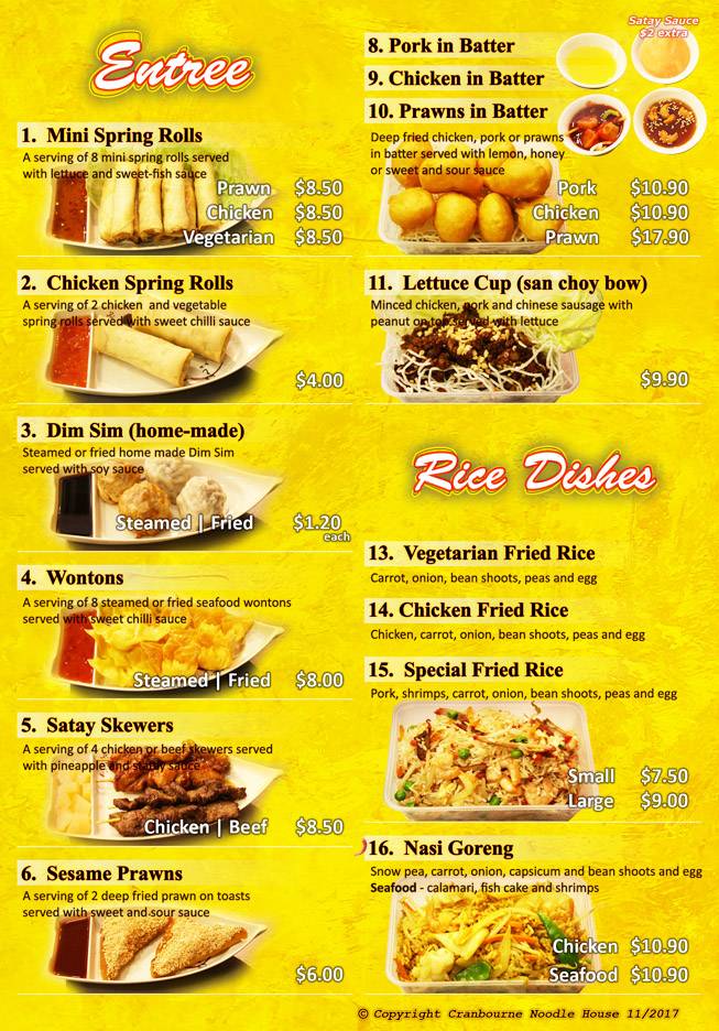 Menu at Cranbourne Noodle House restaurant, Cranbourne