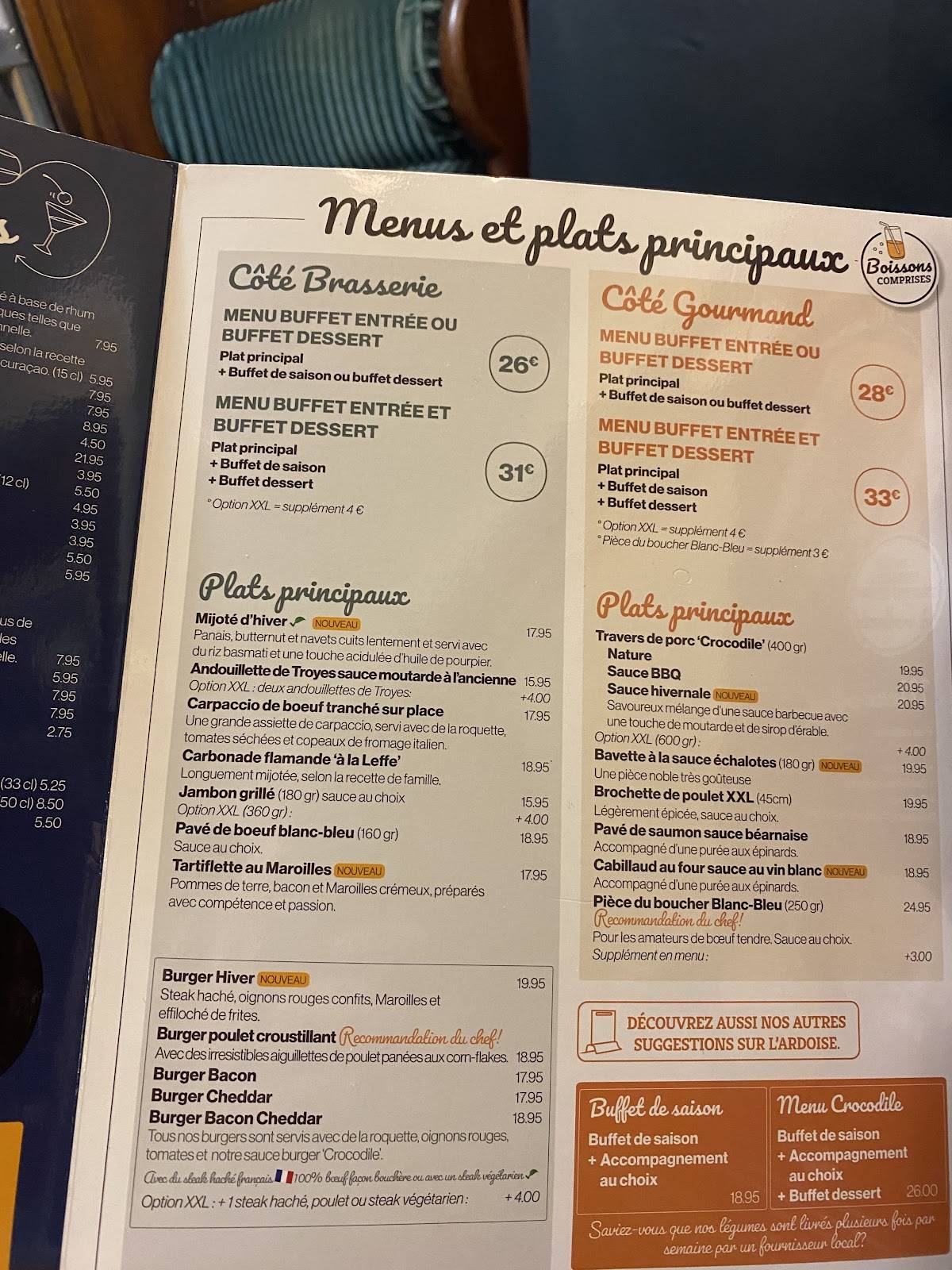 Menu au Crocodile restaurant, Petite-Forêt
