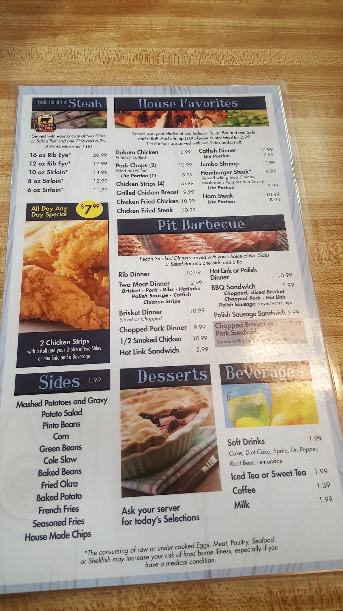 Menu at Dakota’s restaurant, Blanchard