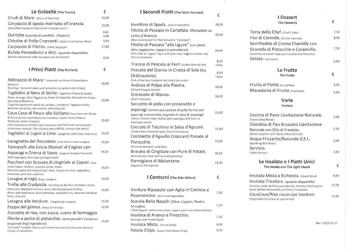 Menu di EQUO Hostaria 