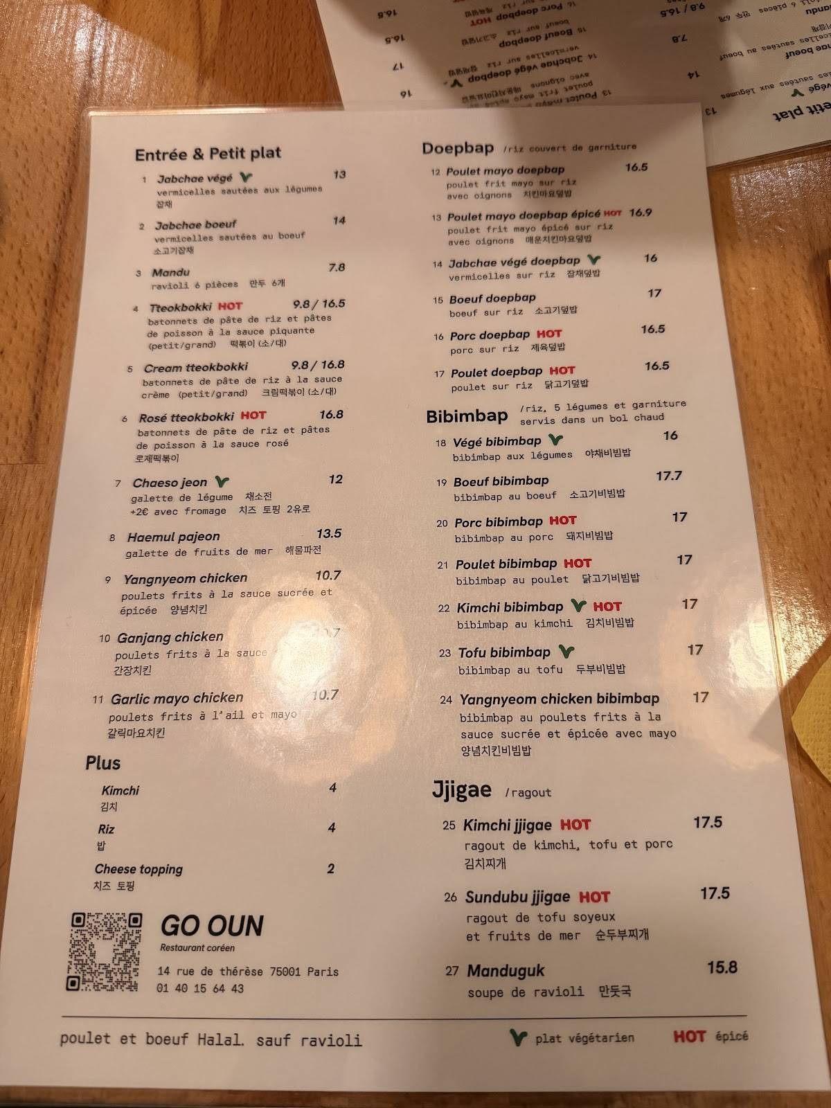 Menu de Go Oun