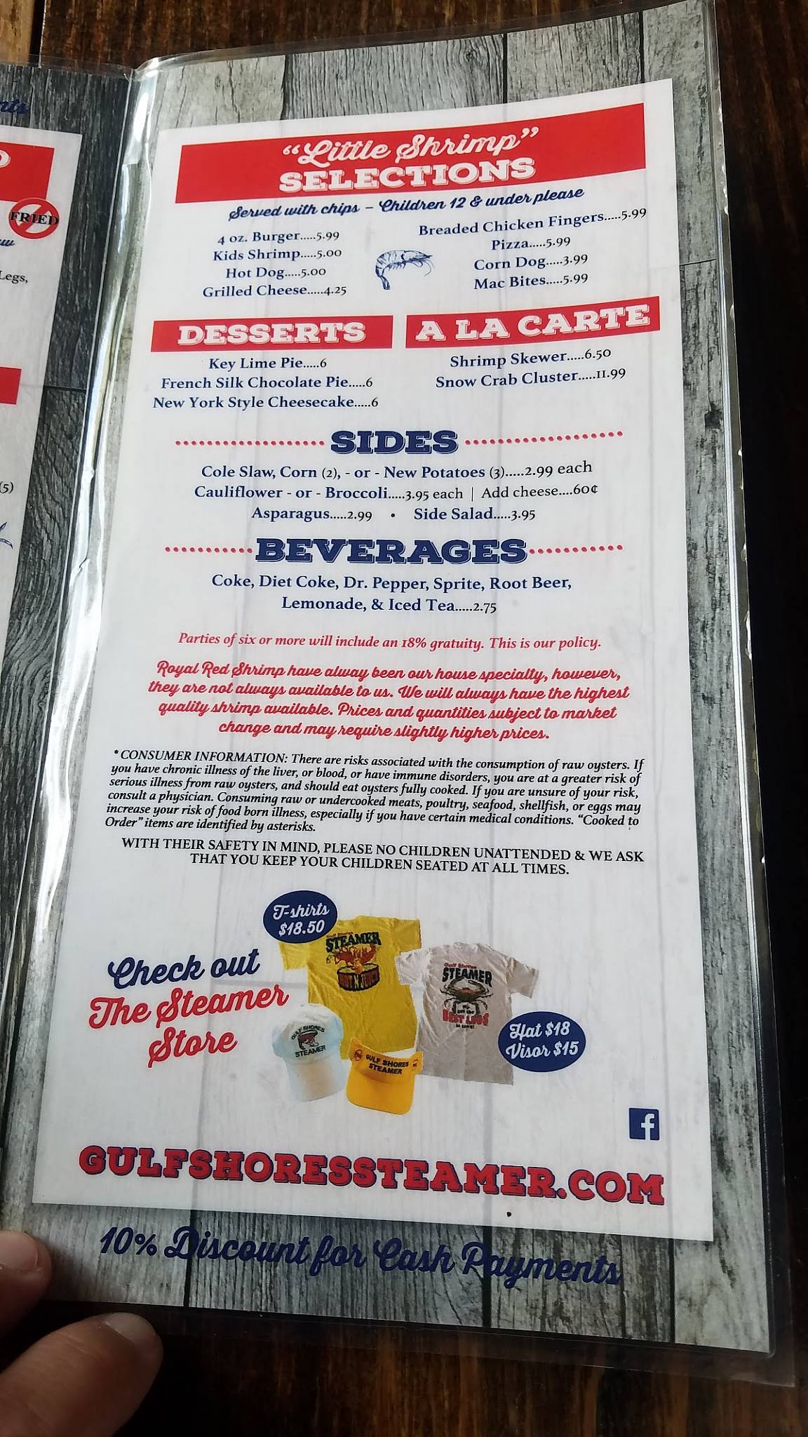 Menu at Gulf Shores Steamer restaurant, Orange Beach
