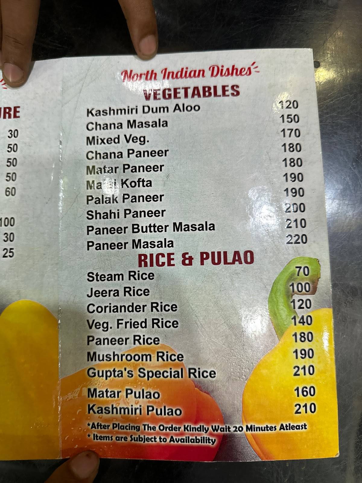 Gupta South Indian Fast Food Restuarant menu