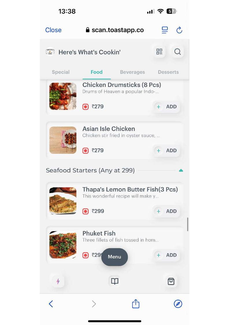 Here's What's Cookin` menu