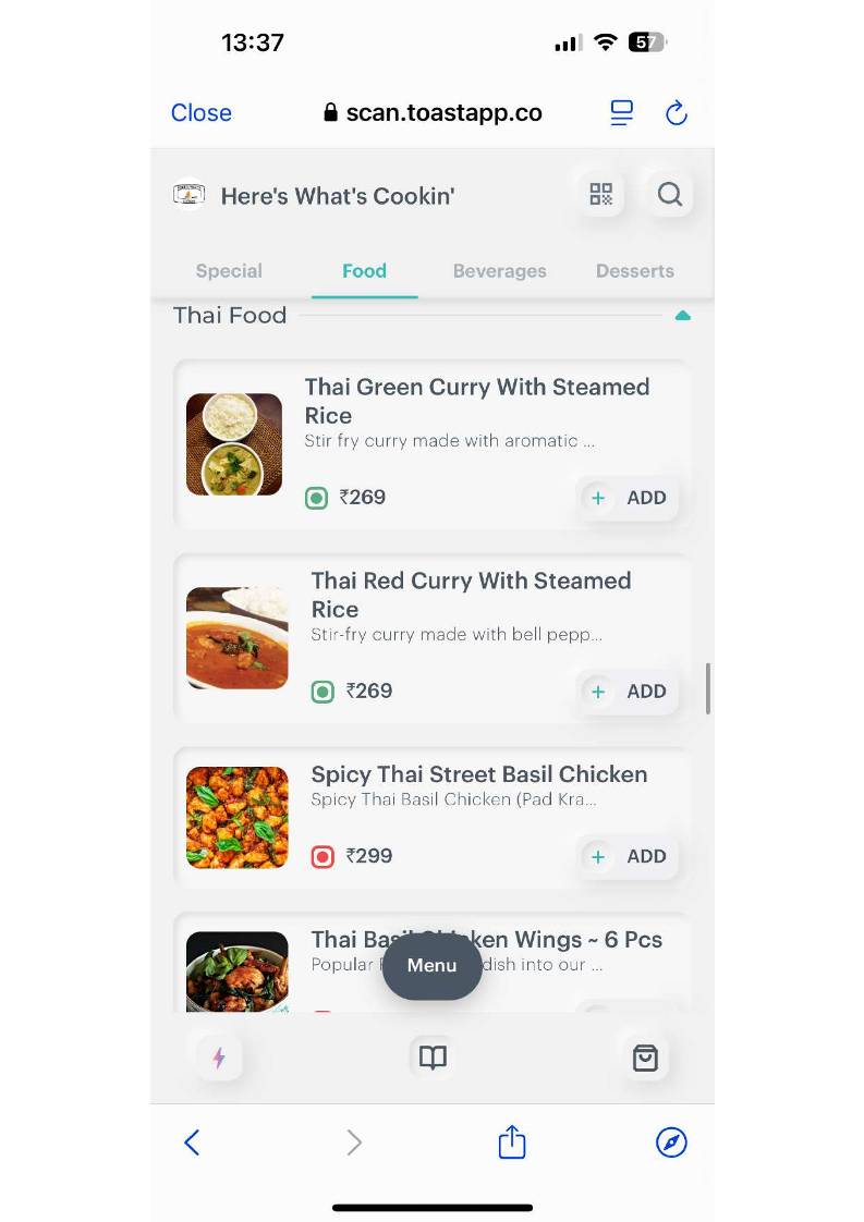 Here's What's Cookin` menu