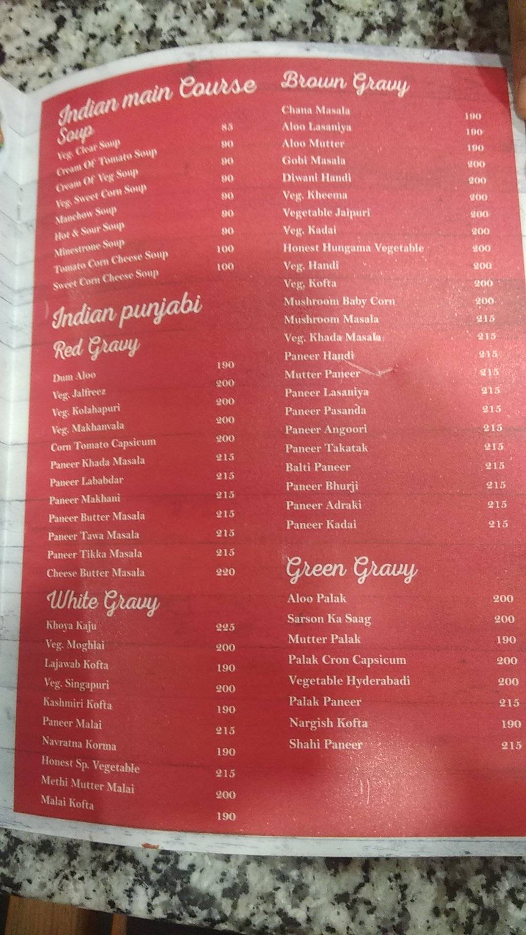 Honest Restaurant menu